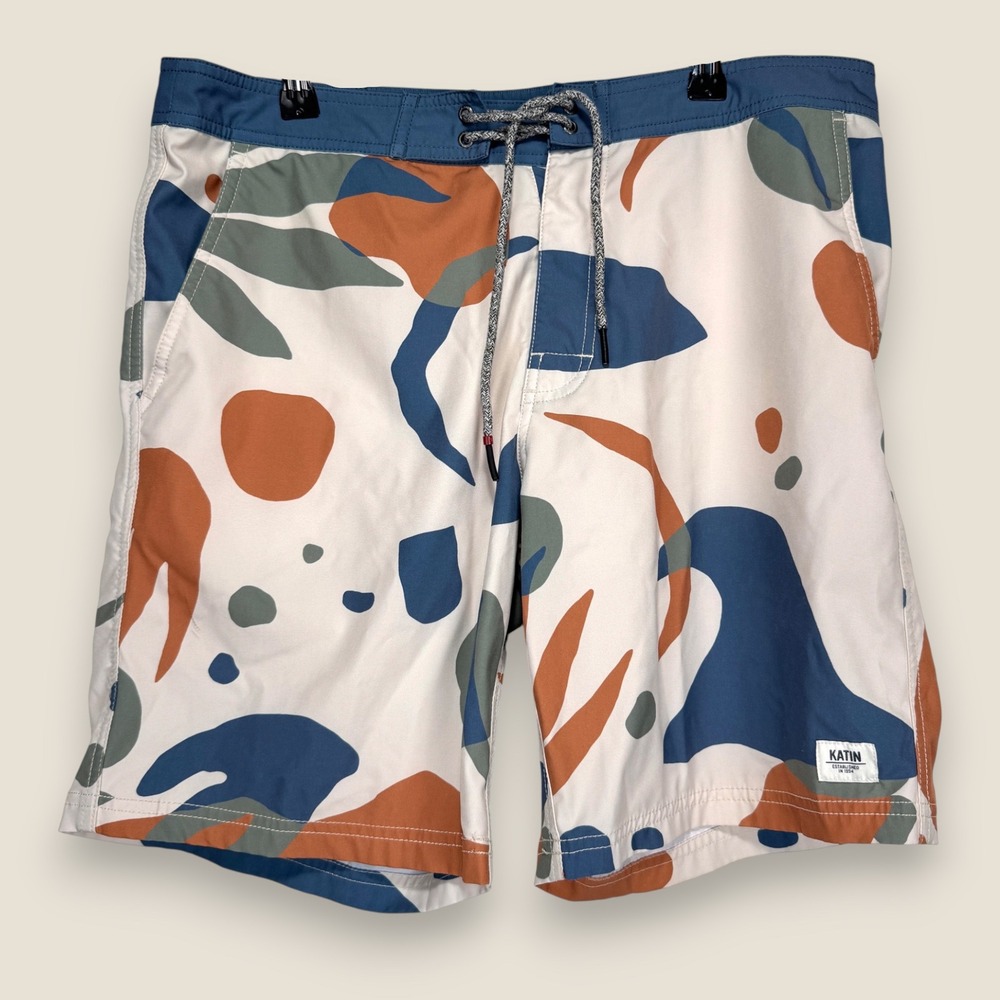 Katin Swim Trunks Shorts Men Size 32 Abstract Print Orange Blue Board Stretch